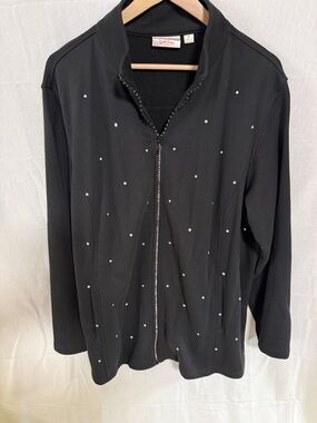 Quacker Factory Black Zip-Front Bomber Sweatshirt Jacket with Stud Accents 2X